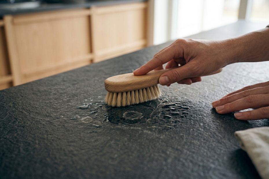 Hand reinigt dunkle Natursteinplatte mit Bürste und Wasser