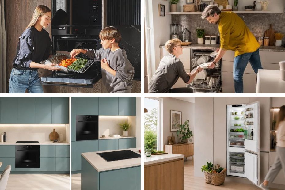Collage mit Amica Backofen, Geschirrspüler, Kochfeld und Kühl-Gefrierkombination in verschiedenen Küchen