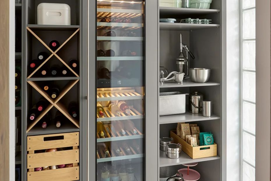 Weinkühlschrank zwischen grauen Vorratsregalen mit Flaschenfächern, Holzschüben, Küchenmaschine und Geschirr